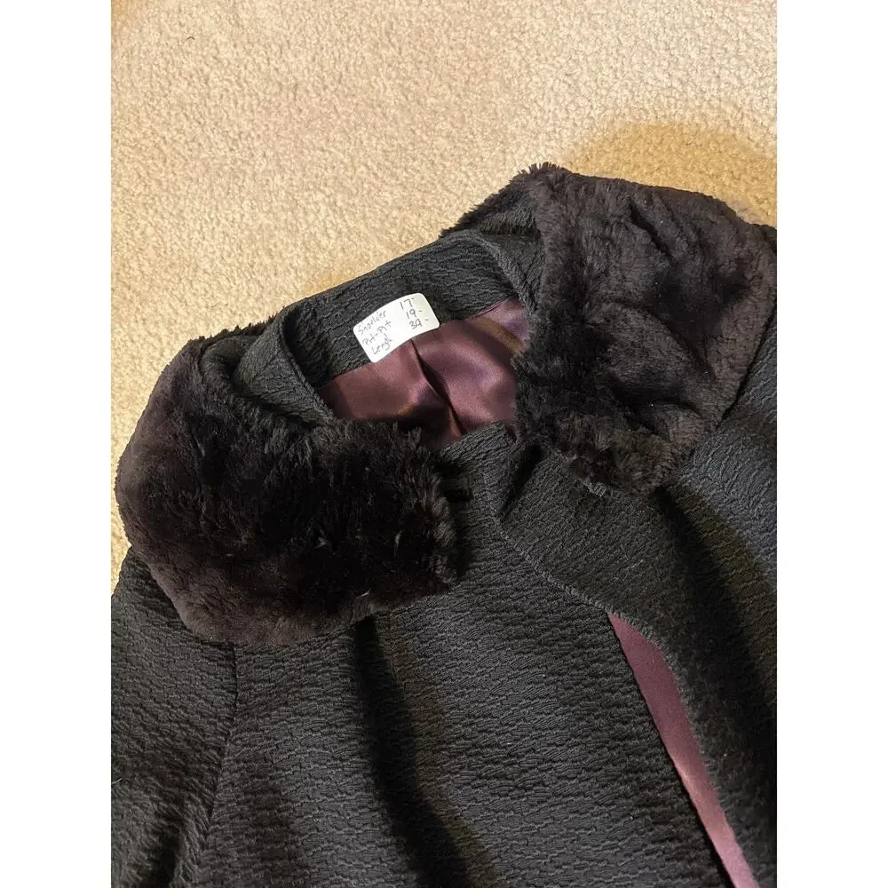1950’s Women’s 2 Button Faux Fur Collar Long Winter Coat Fancy Black Medium